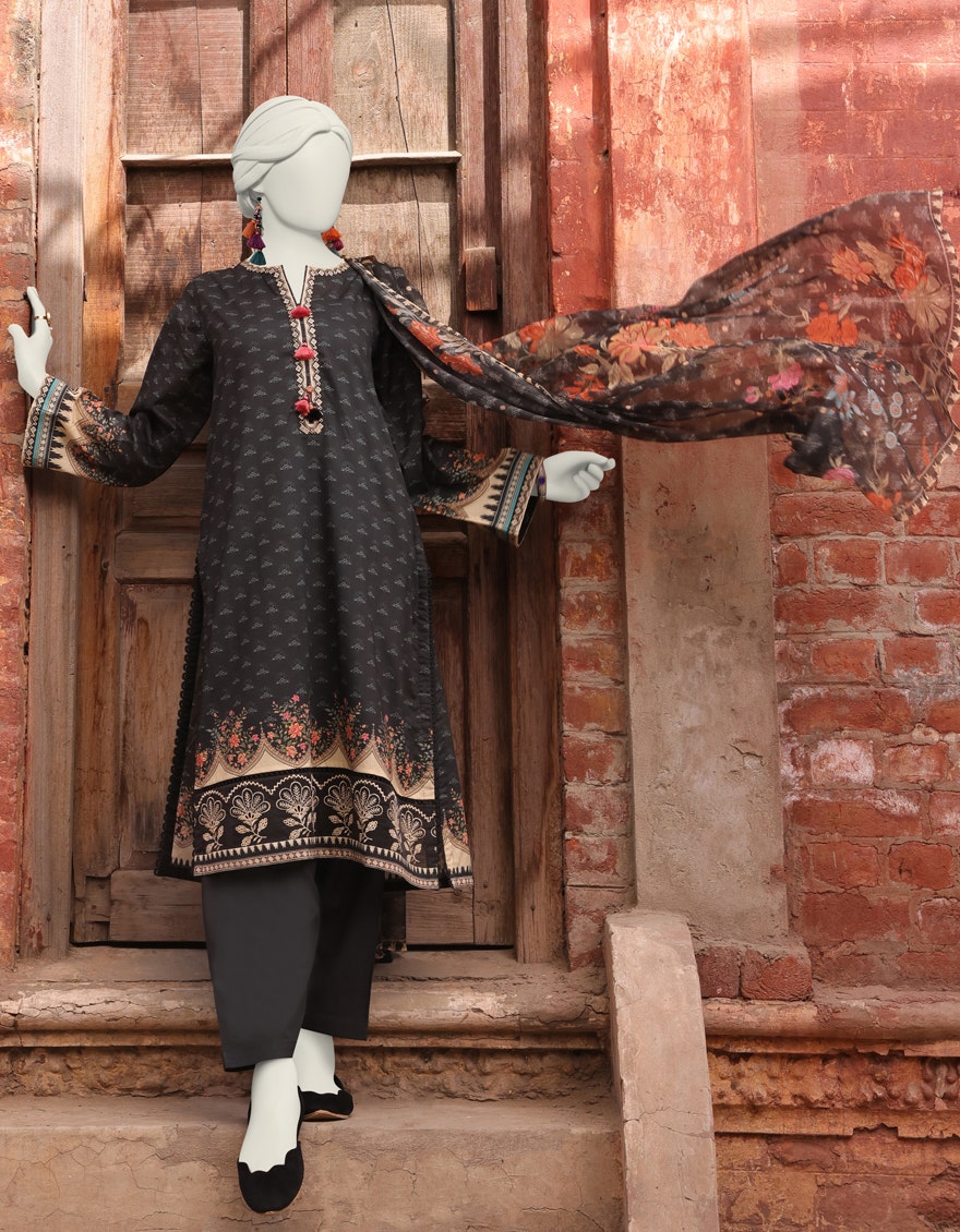 BLACK LAWN UNSTITCHED 3PC | JLAWN-S-24-169